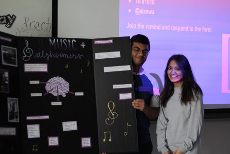 Seniors Jackie Castillo and Shivesh Razdan pose for a picture during their DEN presentation over Alzheimers. Each year, Health Occupations Students of America, also known as HOSA create a project where groups of students strive to create a lasting effect on the community through their research. This year for the annual HOSA project, senior Layla Ismail decided to use her project to create awareness of Alzheimers, and the link between classical music and the disease. “I think that we as the youth of our community need to educate ourselves since we will be the generation taking care of our parents and relatives who will later develop Alzheimers,” Ismail said. “It’s important for people in high school to get involved with the Alzheimer's community because it’s an extremely humbling experience. It allows you to realize how lucky you are to be exactly where you are in life currently.”