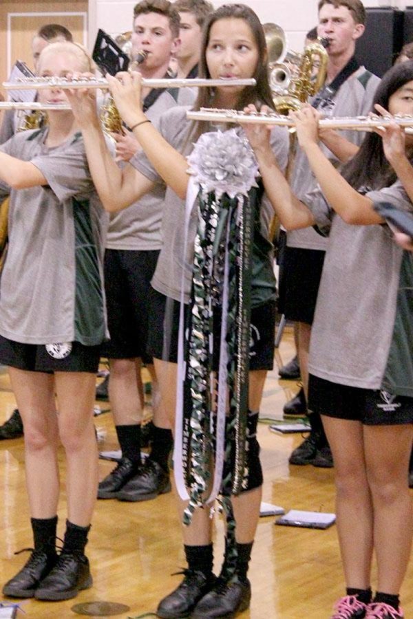 At the homecoming pep rally on Sept. 12, junior Rachel Cernosek plays her flute while wearing her homecoming mum. Cernosek went on to make the TMEA All State band in February.