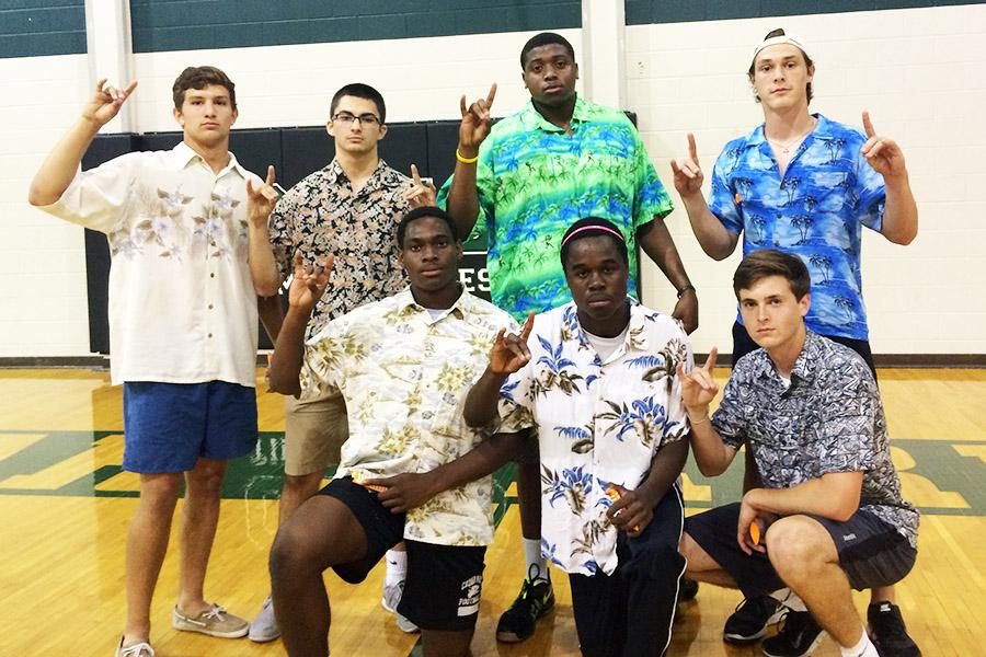 The aptly named Best Team in the Tournament holds up timberwolves after winning the Project Graduation Dodge Ball Tournament on April 23. ( Pictured left to right) Juniors Baxter Robertson, Matthew Redding, senior Myles Cheatum, Colin Kramr, Augustine Tambe, freshman Elisha Guidry, and junior Jordan Meredith were on the winning team.
