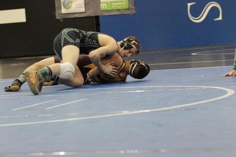 Mason Vidrine fights to win his match at the District tournament,