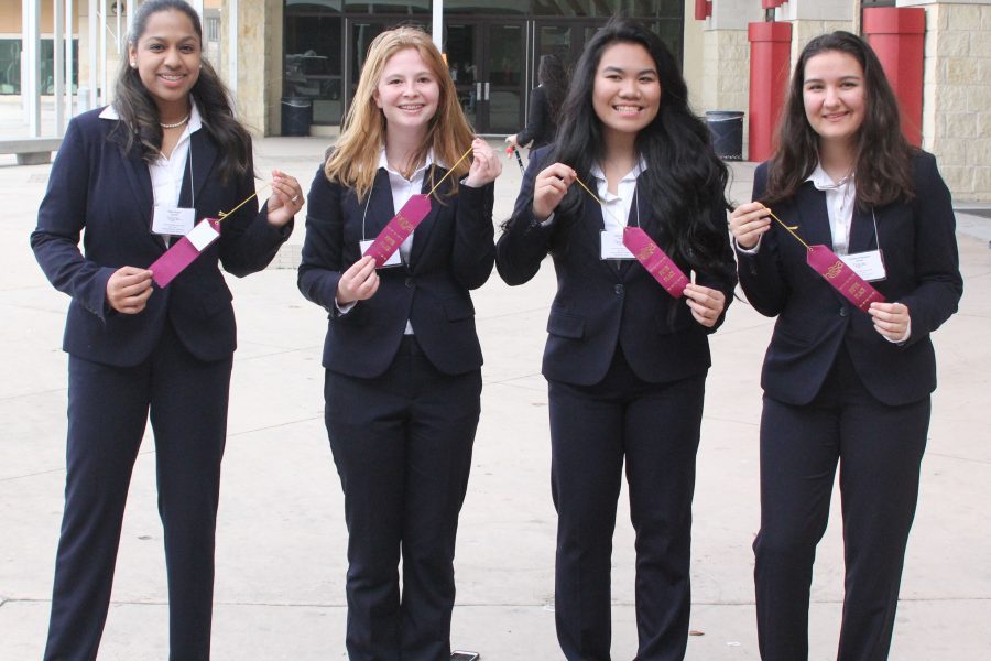 Juniors Nisha Raan, Mallory Matthys, Cathy Nguyen, and Cristina OHanlon won 5th place in the HOSA bowl at the HOSA Area 1 Spring Conference. 
