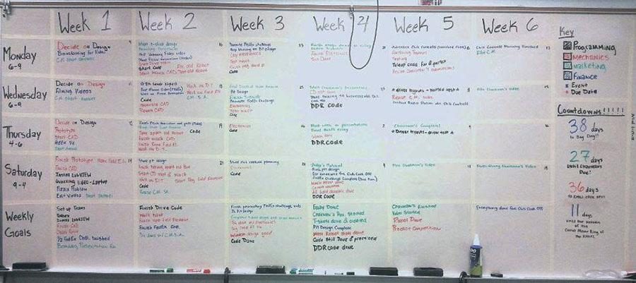 In the hectic rush of robotics build season, project manager senior Maddie Cox has constructed an elaborate schedule for the team to follow. “We do a lot of design meetings to try and figure out our plan of attack, throwing all the ideas we can think of up onto a board and picking features we like best,” Cox said.