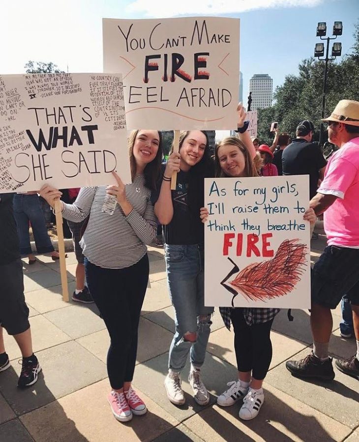left to right: Amelia Vidrine (10), Emily Williams (10), Liva Jenson (10)
Sophomore Amelia Vidrine participating in political activism by attending the Womens March in Austin on Jan. 20. 
The president, while they might not have a ton of power, do have power to some extent, Vidrine said. They are also the face of our country, so other countries that we interact with will be influenced by who we choose to represent ourselves with.