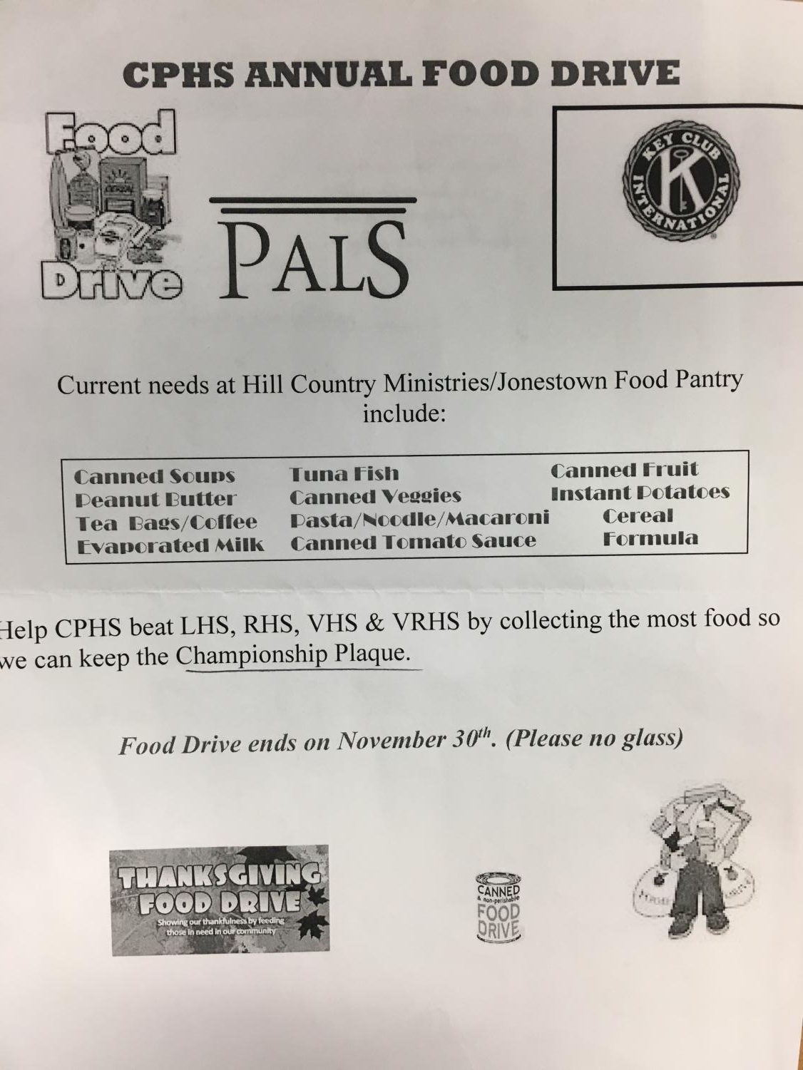 CPHS PAls/Key Club canned food drive fliers can be found hung throughout the halls of CPHS until the end of the event on Nov. 30.