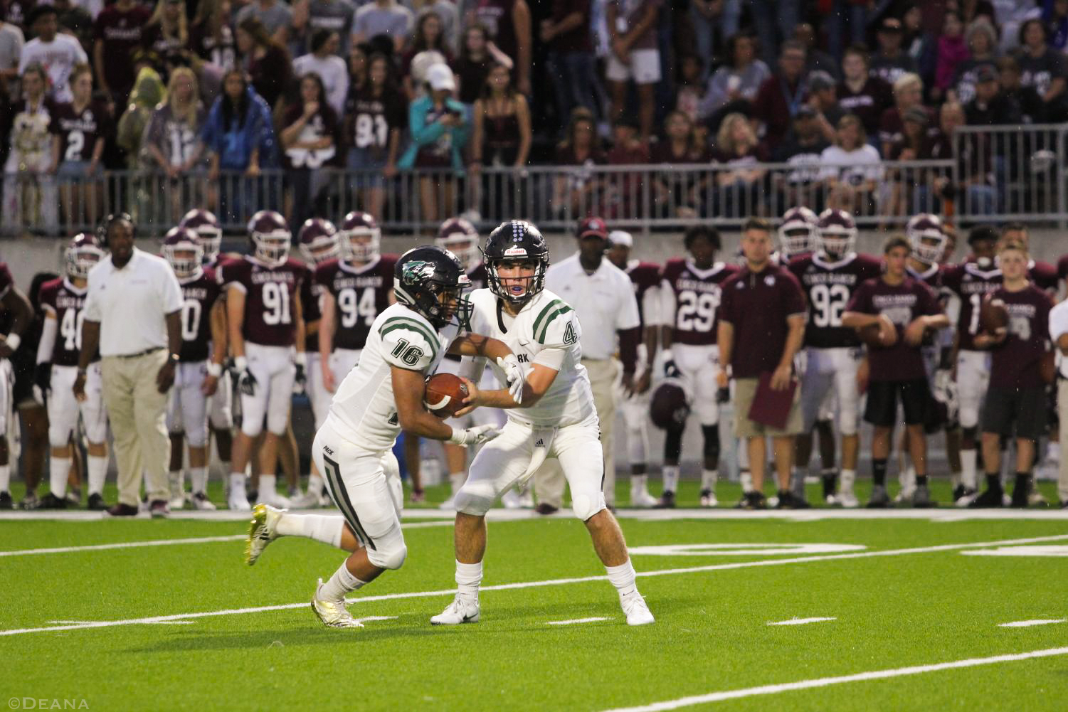 CPFB now sits at 2-2 following their 14-13 victory over Cinco Ranch. Sophomore QB Ryder Hernandez hands off to junior RB Jonathan Stockwell on Sept. 21 at Katy Cinco Ranch.