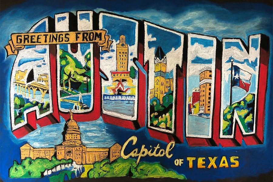 Chalk recreation of the Greetings From Austin mural done by Sarah Nilson.  On instagram @imchalkinhere