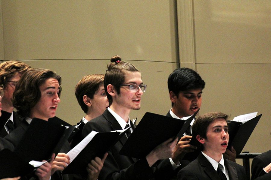 Junior choir student Zain Jabbar (third from left to right) sings in the fall concert. The varsity mixed choir had prepared extensively for their TMEA performance, dedicating every minute to preparation. Jabbar reflects on this work. “For four months, every Wednesday after school, we practiced for an hour and fifteen minutes on the four songs,” Jabbar says. “And these weren’t easy songs. Ms Holt made sure we chose really hard songs that the professional choirs do. I was really happy that all the hard work was recognized.” 