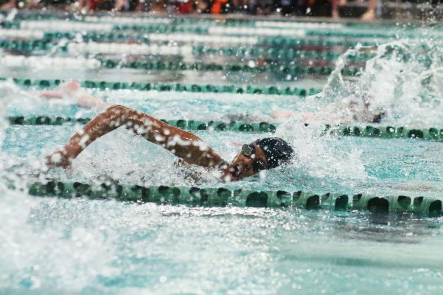 Swimming at the district meet on Jan. 17, freshman Avanthika Ayyadurai comes up for air during a race. During the meet, Ayyadurai said that she received support from her fellow teammates. My teammates really support me, Ayyadurai said. Everyone is so nice to me, they really cheer me [on]. 