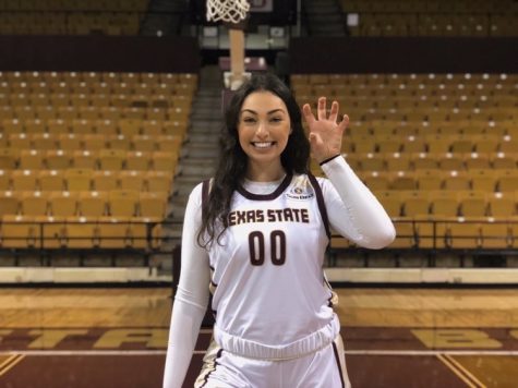 Holding up the Texas State University logo, Senior Nicole Leff accepts her scholarship to play basketball at the Univeristy.