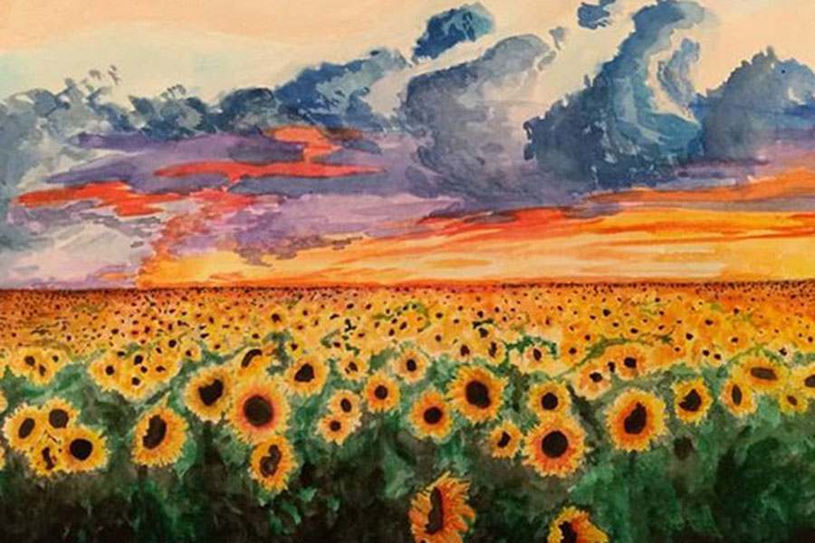 Depicting+a+field+of+sunflowers%2C+the+painting+above+is+one+of+many+of+Spradlings+creations+from+seventh+grade.+My+best+friend+and+I+were+on+a+road+trip+with+her+family+and+we+stopped+on+the+side+of+the+road+to+take+a+break+and+look+at+the+sunflowers%2C+Spradling+said.+My+friend+and+I+went+into+the+field+and+thats+when+I+saw+how+pretty+the+sky+looked+and+I+just+had+to+capture+it.