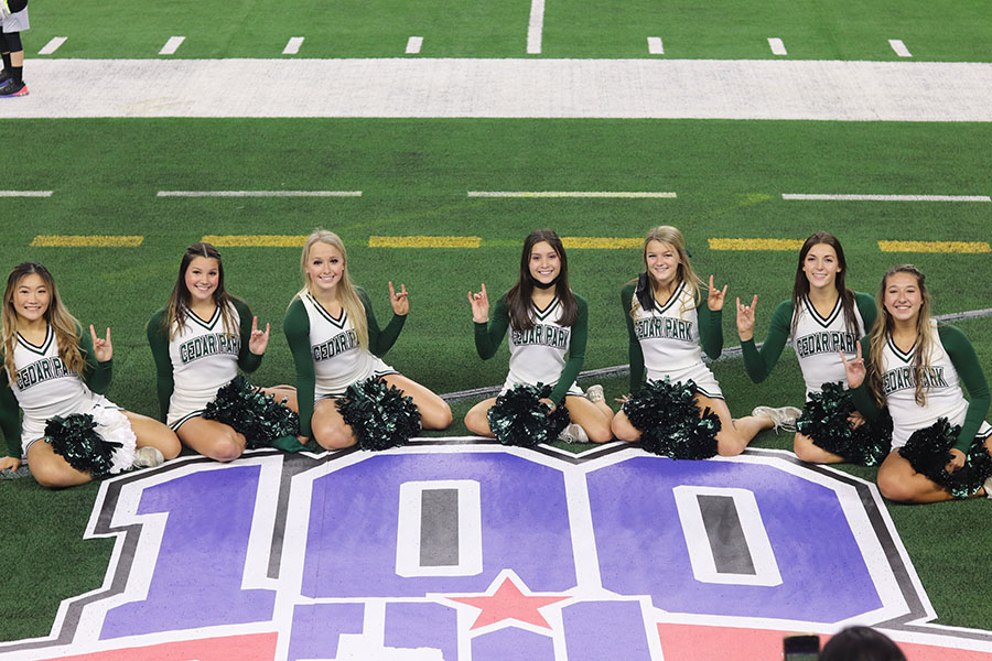 Varsity cheerleaders pose in Cowboy Stadium as they cheer for the football team at the state football championships on Jan. 15, just one day after the they competed in the Spirit Championships in Fort Worth, placing fifth. Senior Captain Emma Vorndran expressed pride at the teams work and said she is grateful for her time with them. 
I would not want to be on any other team,” Vorndran said. “I feel as if this is the best team I have ever been a part of in regards to both talent and friendships. The relationships that have been made on this team are meaningful to each and every individual, and I am so proud of how far this team has come. The best part about being a senior captain is watching the younger classmen grow in skill and their love for cheer.”
