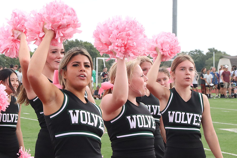 Raising a pink pom, senior Sophia Franco helps lead the crowd in a chant during the Pink Out pep rally on Oct. 15. The pep rally was the first in-school pep rally since March of 2020 and was located on the football field to help with social distancing. 