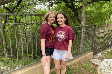  Sporting their Bobcat pride, seniors Emma Frith and Lauren Dane show off their future school, Texas State University. The duo are known to work backstage in tech during theatre productions, with Dane mainly manning costume design and occasionally lights, and Frith in the stage manager position. “Im super sad that this is my last year working with Emma because it’s what brought us together,” Dane said. “But I’m so excited to go to college with her and see everything she does as she continues with theatre. I really love the friendship Emma and I have and I want to keep it through college.”