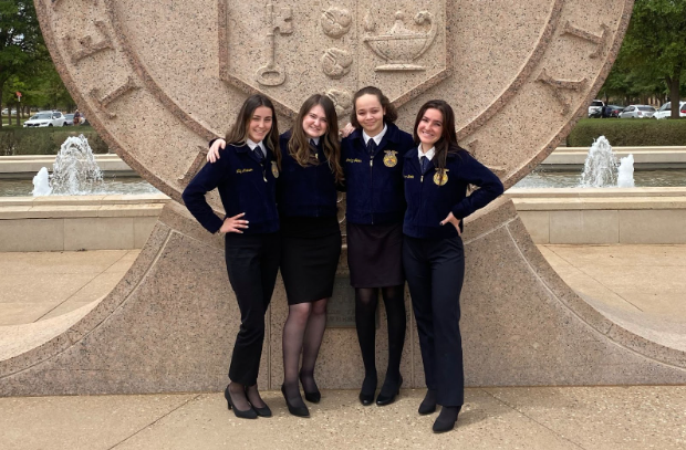 From left to right, junior Abigail Martinez, freshman Kacey Miller, freshman Jordyn Jones and senior Isabela Johnson pose for a photo at Texas Tech University where the state event for Agricultural Communications is held. Their advisor, agricultural science teacher Shannon Butler, was involved in helping them practice and motivating them for Agricultural Communications, which they placed fifth in as a team, as well as bringing many of them on board in the first place. “I am very purposeful in selecting members for this team who are already well versed in their respective practicums,” Butler said. “I provided resources for the team and formatted practices so they would not feel overwhelmed by the amount of information needing to be learned from the AP and Agricultural Communications textbooks. The girls were a little bummed initially because we had high hopes for Nationals, but were very proud of themselves and their team.”
