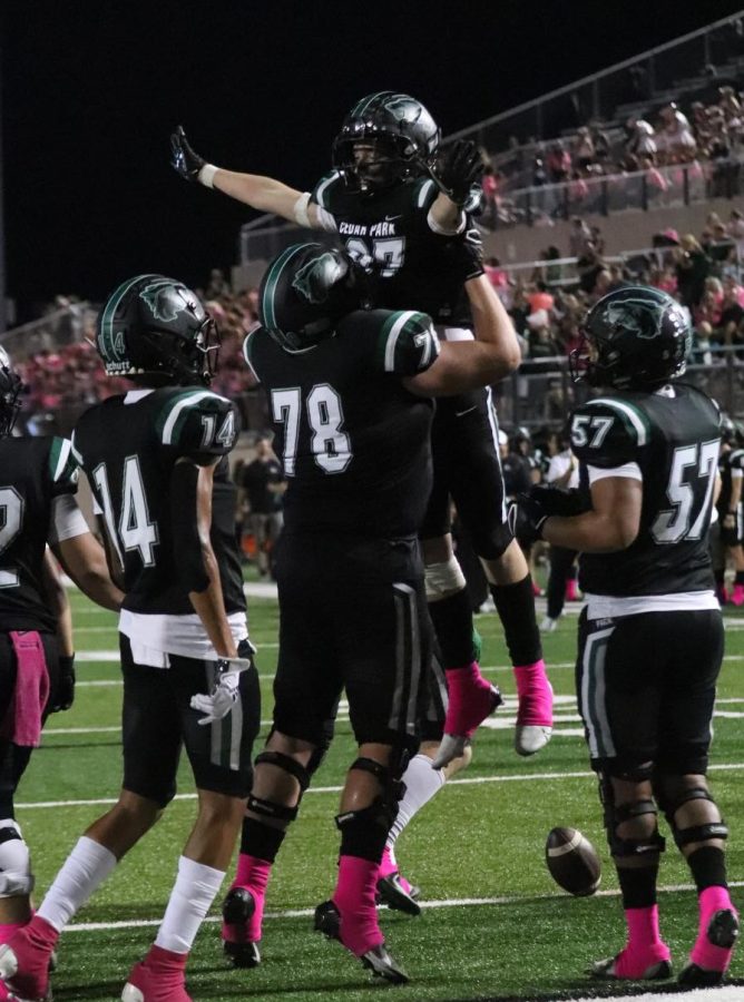 After scoring the final touchdown of the game, juniors Luca Wilson and Davis Williams celebrate. Cedar Park won 24-7 against Hendrickson. “It felt pretty good, it was the first one of my [varsity] career so it was pretty exciting,” Wilson said. “I didn’t play much at the game, but we planned that play all week so I was just hoping to get the play.