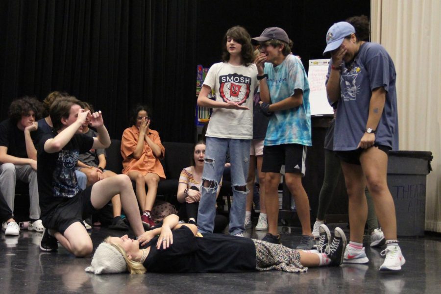 From left to right, junior Aidan Cox, freshmen Jaime Corson, Mia Morneault and Ben Akers and senior Bryelle Swift perform in their first PNG production in the Black Box. Playing the game Freeze Tag, performers get to pause the scene in order to swap out with another performer, changing the outcome of the scene in a variety of ways. “I think I did good,” Morneault said. “I was scared, because there werent a lot of people, but there were still people there, and I think its a lot more worrying to me when theres less people in an audience than a lot, because you can see whos there specifically- that makes me tense up.”