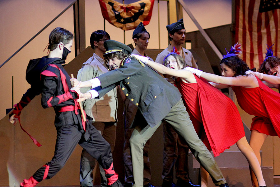 Performing in the act two opener, “Red, White and True,” senior Benjamin McDanald portrays a military general in a war sequence fighting the Red Fang in Cedar Park’s production of “Big Fish.” Alongside playing the military general, McDanald also played the ringmaster, Amos Calloway. “This was kind of a funny scene because it was the very last part of the show we ended up staging,” McDanald said. “James and I choreographed the fight ourselves and I only got assigned that part very late in the rehearsal process, so we came together very quickly but it ended up being one of my favorite parts of the show, it was very fun and it was funny.”