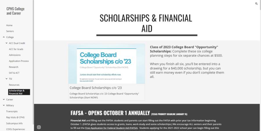 A picture of College and Career Transition Coordinator Chriss Hexter’s website, which contains a section about scholarships and financial aid. Hexter puts various scholarship opportunities on her site. “The next best way [to get financial assistance] is to just start Google searching for scholarships. I post [scholarships] on my website, [and] I vet the ones I post on my website.” (Photo Courtesy of Chriss Hexter)
