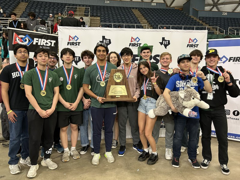 Posing with their first place medals, the FTC Robotics team takes a picture after winning gold at the UIL Robotics competition in March. The Robotics team  qualified for Worlds, which will be held on April 18. “It was pretty good to win,” senior Austin Jia, who is president of the FTC team, said. “The competition for UIL state is a lot more lax than the normal robotics state, and it’s just lower stakes so it wasn’t that stressful, but it still felt nice to win.” (Photo Courtesy of the FTC Robotics team)