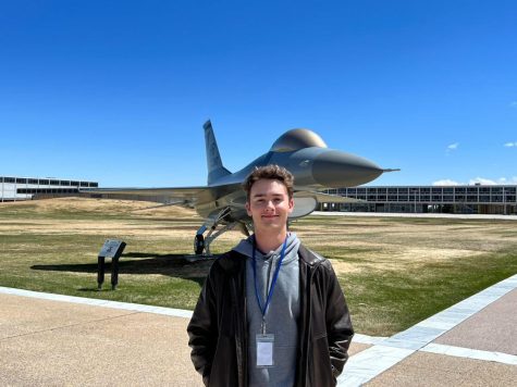 Standing in front of an F-16 fighting falcon, senior Tyler Clifton takes a tour of the U.S Air Force Academy in Colorado on April 28. He said that this tour was a part of his trip to Colorado Springs where he got to see the town and meet other incoming cadets. “This plane is one of the four in the Terrazzo or courtyard of the campus,” Clifton said. “The tour was a lot of fun and made me sure of my choice in college. (Photo Courtesy of Tyler Clifton)
