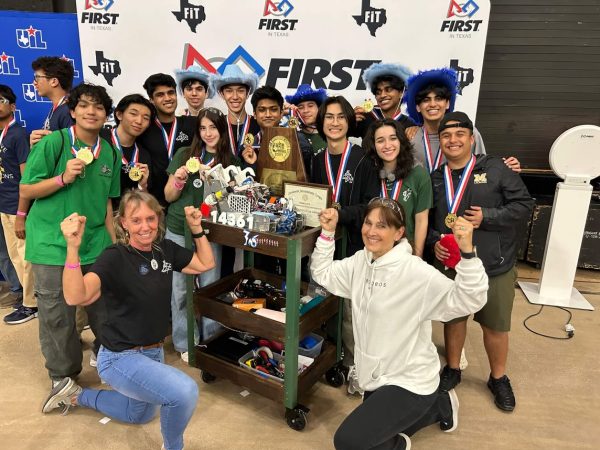 Robotics team 14361 holding their trophy after winning the UIL 5A State FTC competition on March 21 in Belton. “It felt amazing since we finally saw all of our hard work pay off,” junior Luyang Chen said. “Every single person on the team was overjoyed. For many, it was probably one of the best moments of the season.” Photo courtesy of Arav Neroth