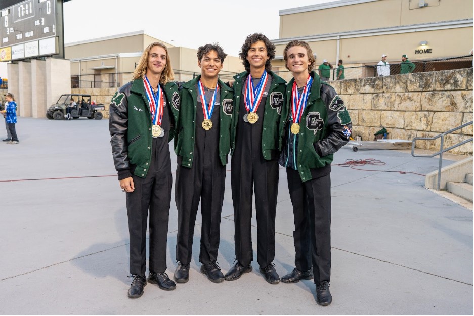 The Freshman Four together at Gupton Stadium with their UIL medals. Seniors Trey Thompson, Randy Griner, Harris Garner and Aidan Gonzales have been on the school’s snare line since 2020 and will now be graduating this year. “My favorite moment was this year after the state finals which is our final performance of marching season,” Thompson said. “It was a very emotional performance, I was sobbing going off the field, I remember the last note and putting my sticks down, the crowd was cheering. The last thirty seconds of the show I was like oh this is it, my last thirty seconds of marching band.”
Photo Courtesy of Randy Griner