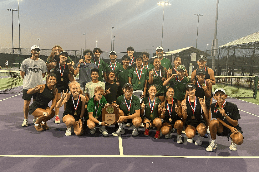 Smiling at the camera, the Varsity Tennis team celebrates winning districts. They played against Liberty Hill on Tuesday night and won with a final score of 10- 5. “We improved a lot even from the last game,” senior Blake Hillis said. “We lost against them the last time we played [Liberty Hill], but it was really close. It was just really important for us to win this match since it was the district finals. [When we won I felt] overwhelmingly happy, especially being there with my teammates and it being my senior year. It was just really great. It [felt] like a community.” Photo courtesy of CPHS Tennis.