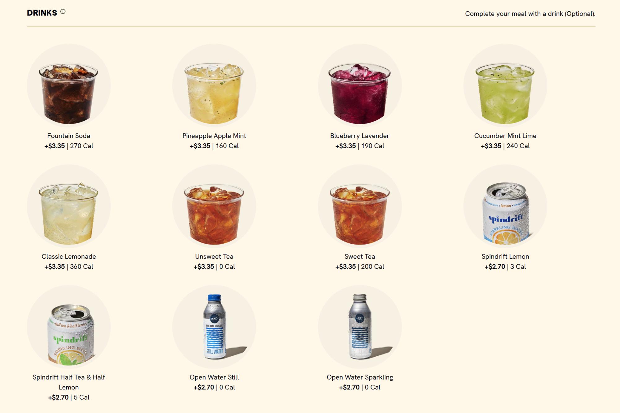 All of the “drinks” options on CAVA’s website.