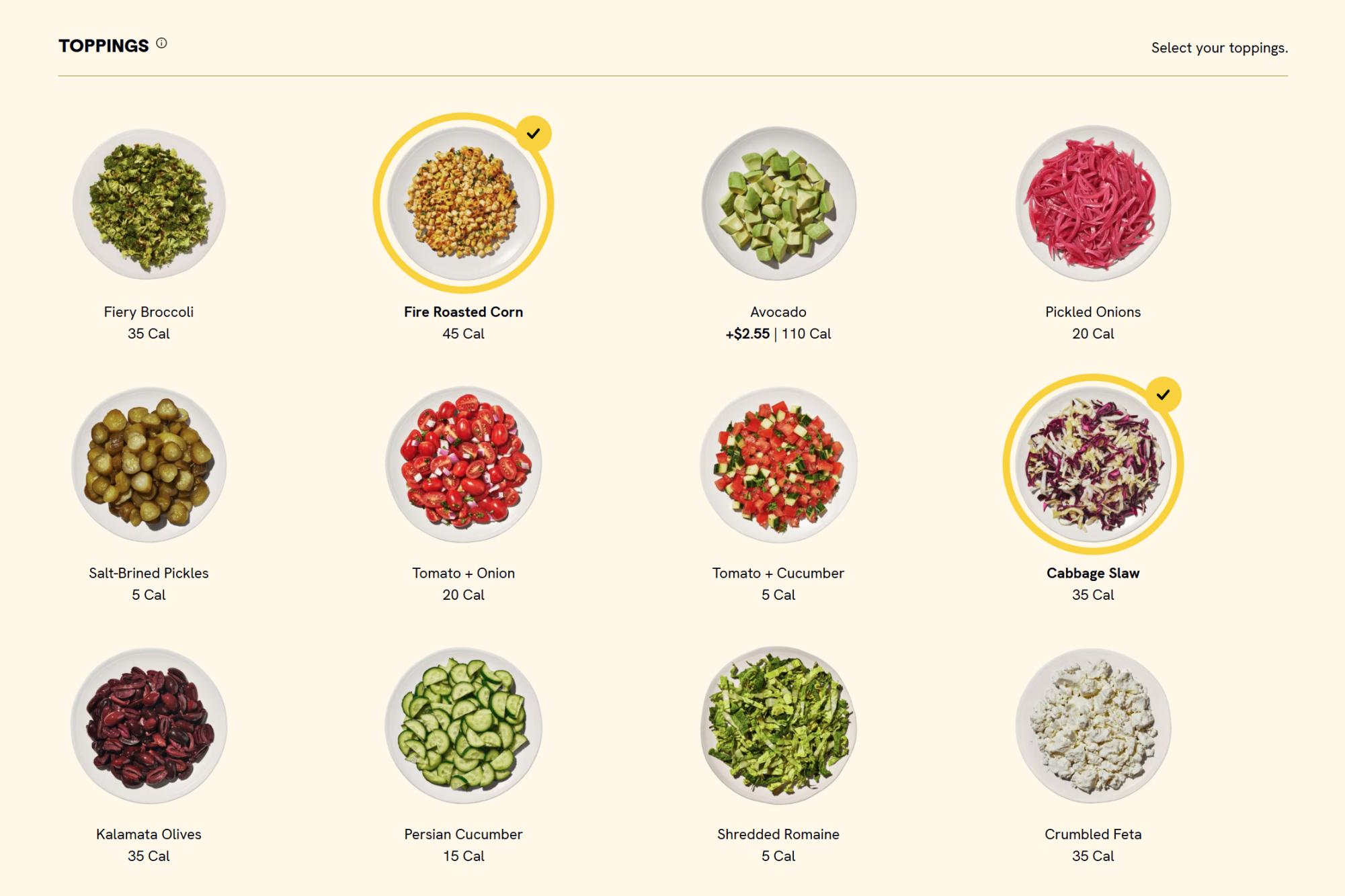 All of the “Toppings” options on CAVA’s website.