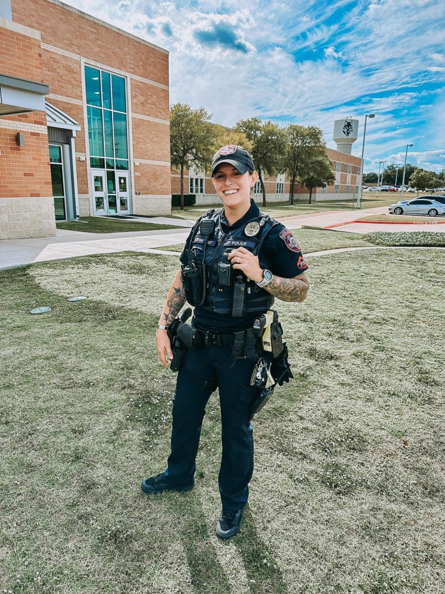 Officer Stephanie Cash is in her second year as an SRO at CPHS. “Seeing [students] grow over the years has been kind of cool,” Officer Cash said. “Freshmen that [are] all over the place and then in the next couple of years get a little more squared away and go to class and do work and start thinking about the future. Being a part of a student's growth is the best way to measure my success as an SRO.” Photo Courtesy of Cedar Park Police Department's PIO, Alicia Gallagher. 