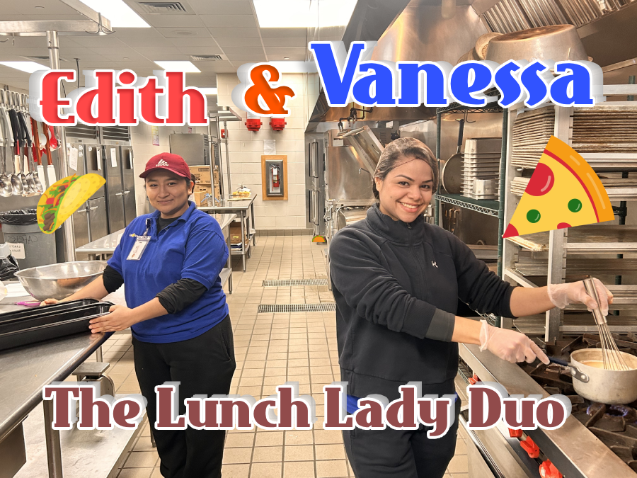 While Edith Burgos is organizing the kitchen, Vanessa Romero is mixing and getting ready to cook. The two coworkers are ready to serve the hungry students waiting in line, and keep the kitchen organized and clean. "We all complete our weekly labors given to us." Romero said. "The job is very peaceful and easy, and we have an amazing work team." Photo by Sebastian Farias