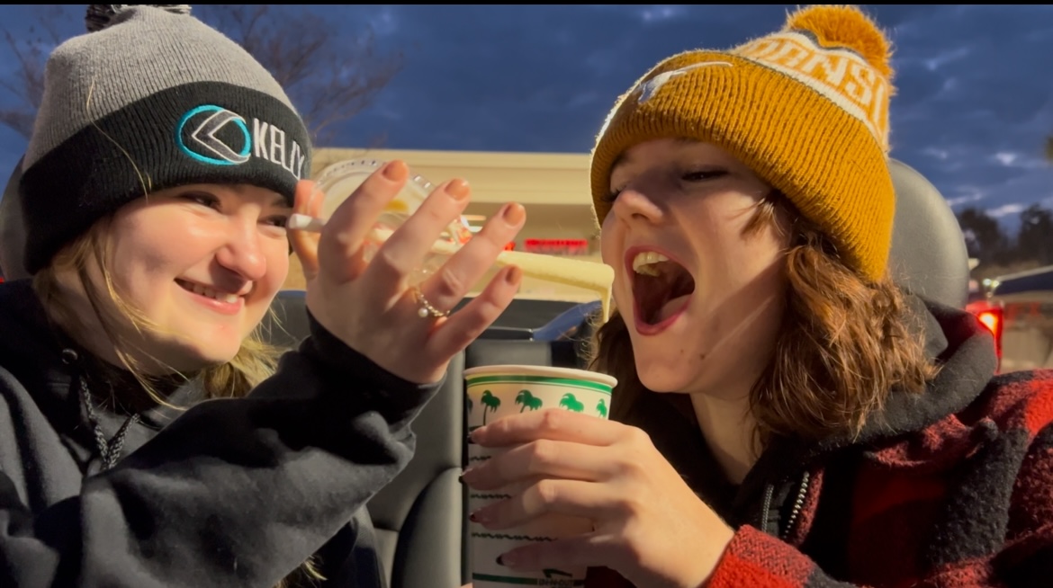 Opening the lid of the In-N-Out container to get a taste of their vanilla milkshake, seniors Kacey Miller and Heidi Williams review the popular fast-food chain’s sweet treat. After trying a vanilla shake from several restaurants, the two decided that the best shakes in town belong to these places, in this order: In-N-Out, Whataburger, Chick-fil-A, Sonic and McDonald’s.