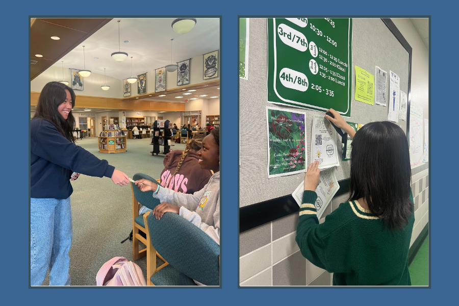 Handing out business cards and putting up fliers, juniors Natalie Le (left) and Valerie Hall (right) promote their HOSA Community Awareness campaign “Backs on Track.” Working collaboratively with juniors Avani Eckert and Morgan Tran, the group is presenting their portfolio of this project at the HOSA Spring Leadership Conference on Feb. 7. “We chose to discuss back pain and posture because we felt the more common and popular ideas were already widely highlighted and we wanted to spread awareness to something less known,” Tran said. “Because this idea can reach a wide variety of audiences, we felt this topic would be appropriate and could easily be used to spread awareness to all of the community.”
Photos courtesy of Valerie Hall