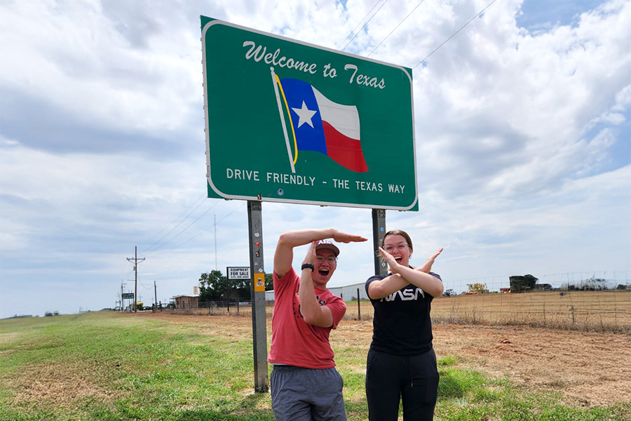 Posing at the Texas border, my brother, Riley, and my sister-in-law, Sarah, hold up a “T” and a “X” for “Texas.” We helped them move to Houston, Texas over the summer, and it’s safe to say that after copious amounts of Torchy’s queso and free access to H-E-B, they’ve been completely converted.
Photo by Rachelle Wilkinson