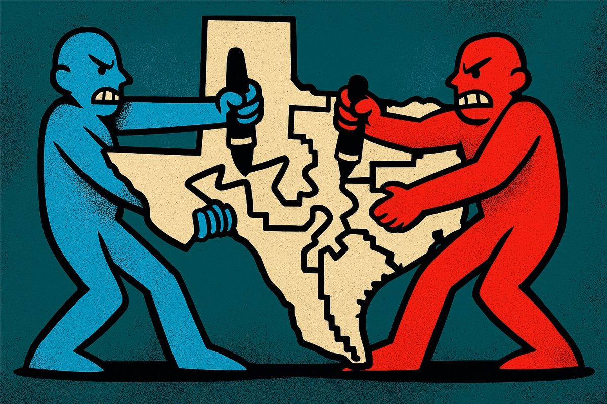 In this graphic, a blue and a red figure redraw Texas's boundaries and fight the other political party over congressional districts. Lawmakers passed a new map in August 2025, reshaping representation in Central Texas and sparking controversy over minority voting rights. “I was excited,” senior Omotayo Segun said. “Next year, I'll finally get to vote, but now it feels like my vote won't count as much. Voting is supposed to be about standing up for your rights and what you believe in, but this makes it belittled.” 