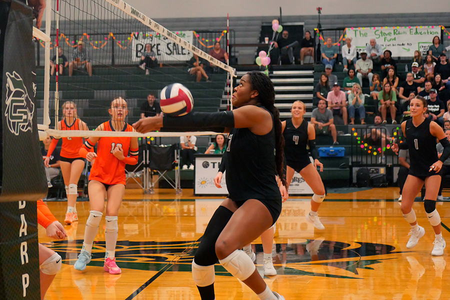 Bumping the volleyball, senior outside hitter Joy Udoye plays against Glenn on Sept. 26. They ended up taking the win, with a score of 3-0. “I’m just super proud of our team,” Udoye said. “We just put in so much hard work. I think that our state game fuels us, going into every game wanting to win.”