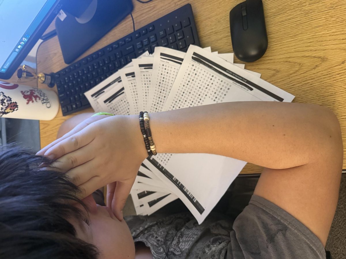 Head in hand, junior John Pinion faces a desk covered in standardized test bubble sheets. For many students, these papers represent the high pressures faced during standardized testing.