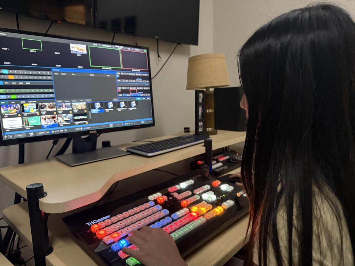 Tapping away in the broadcast control room, junior Allie Tseng utilizes the media literacy skills she has learned in the news programs. In this day and age, media literacy has become a vital tool to responsibly report and consume news. “Media is never completely neutral, even when the intention is to inform,” Tseng said. “Working in a high school journalism program has  shown me how easily misinformation can spread if journalists don’t take the time to be accurate. At the same time, it’s helped me become a more critical consumer of media. I now question headlines, look for credible sourcing, and think about why a piece of media was created and who it’s meant to influence.”