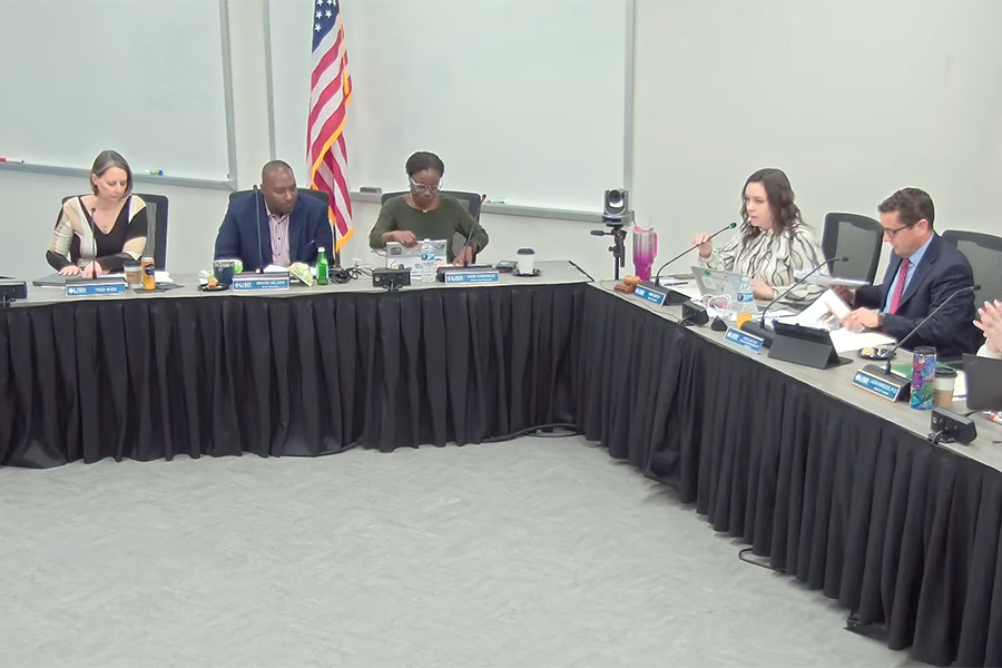 Sitting at their tables, the board discusses the upcoming superintendent search. The board decided to post the opening internally and invited Acting Superintendent Chris Clark to apply. “After careful consideration, I am recommending the board move forward with an internal search and post the position tomorrow [Feb. 6],” School Board President Anna Smith said. “We know we have a great internal candidate pool. Leander ISD is known for growing leaders. This is what we do.” Photo by Anthony Garcia