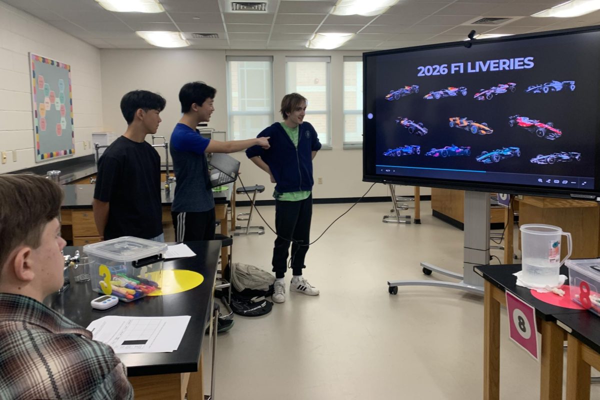  Club officers Jasper Chen, Haoteng Hsu and Gustav Mt. Joy present different Formula 1 cars in front of club member Michael Odonoghue at their first meeting. “A lot of my friends are also into Formula 1 racing and motorsport racing in general,” Chen said. “So I thought it’d be a good idea to get all of those people who share common interests.” 