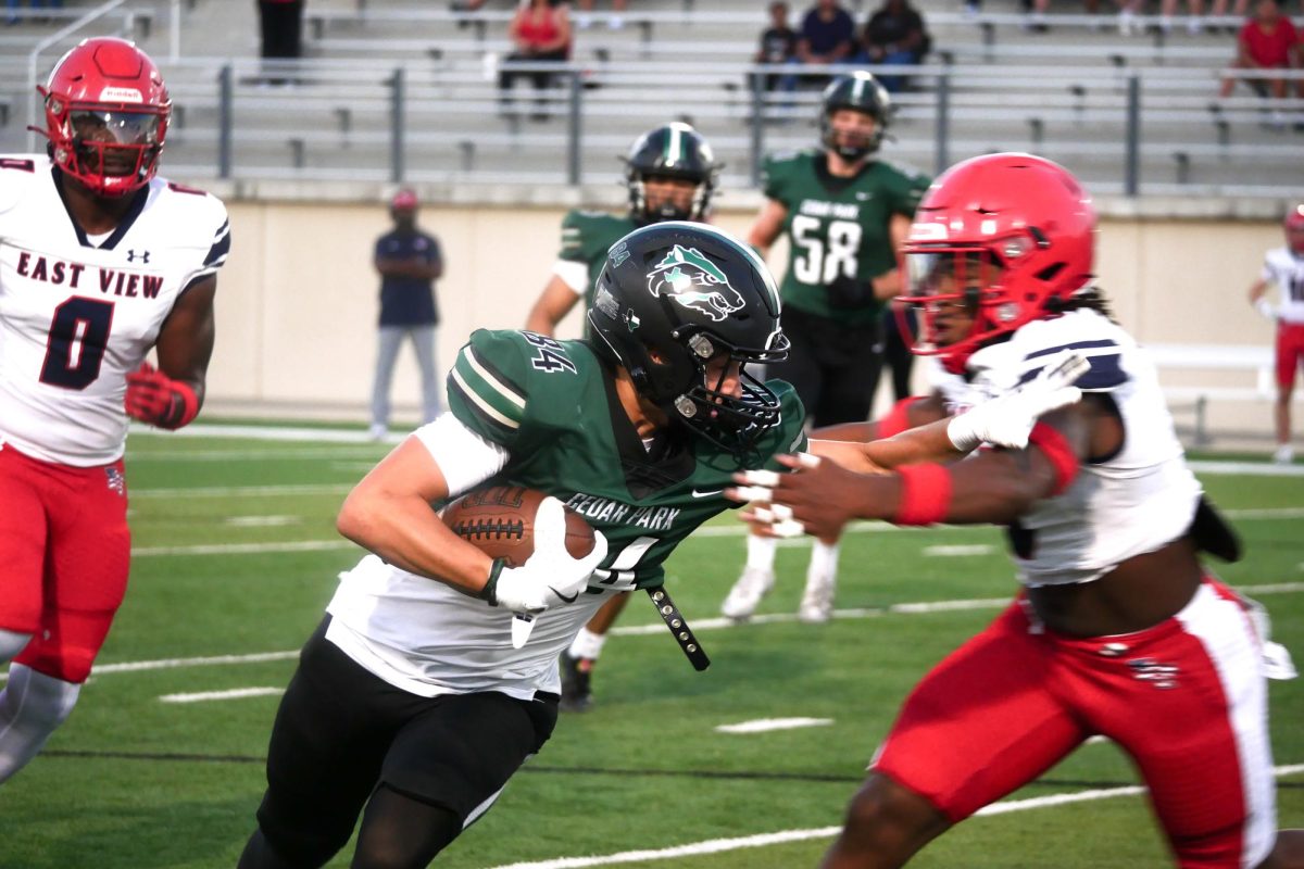 Running down the sideline, junior wide receiver Brayden Jahns stiff-arms a defender at the homecoming game against Eastview.